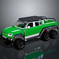 Green Six Wheel Pickup Truck With Off Road Style Black Roof Rack And Large Tires
