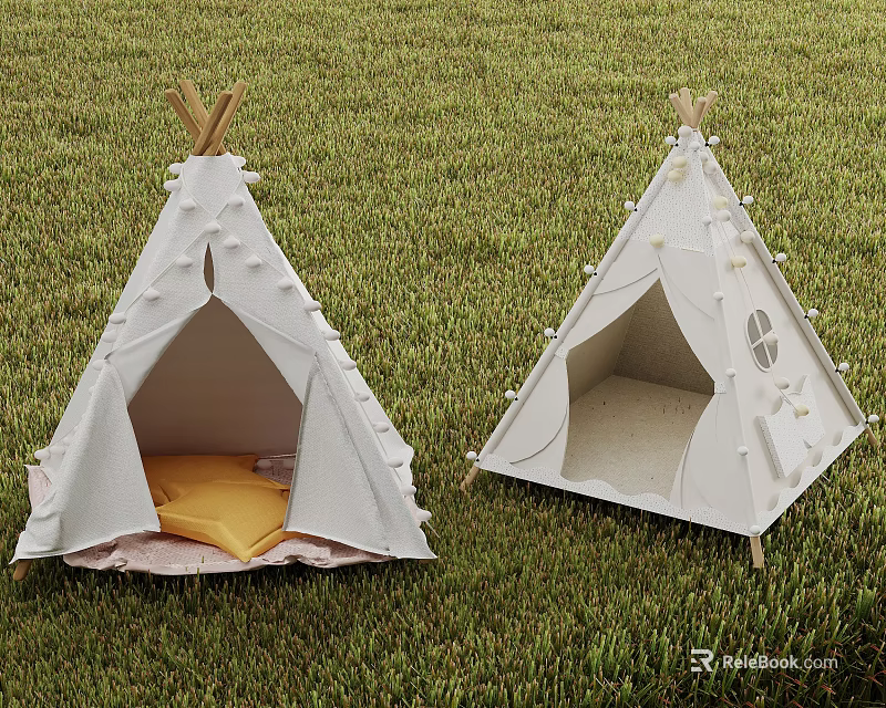 White Tepee Tents On Green Grass Field With Decorative Tassels Yellow Cushion And Window 3d model 