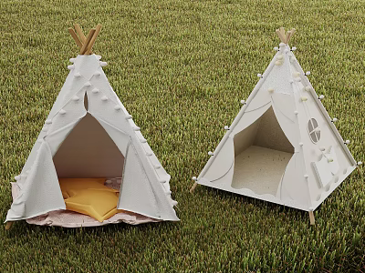 White Tepee Tents On Green Grass Field With Decorative Tassels Yellow Cushion And Window 3d model