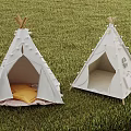 White Tepee Tents On Green Grass Field With Decorative Tassels Yellow Cushion And Window