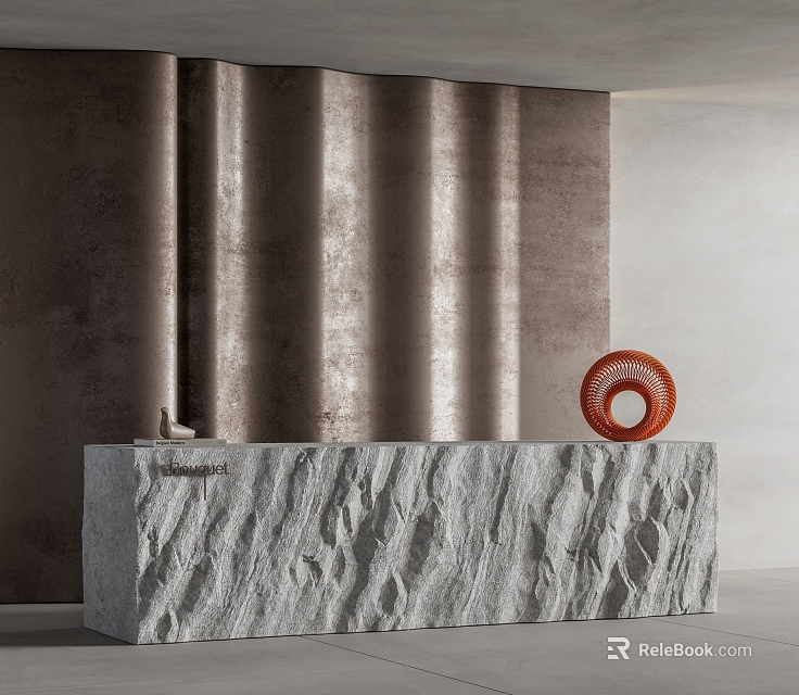 Textured Gray Reception Desk With Vertical Striped Brown Wall And Orange Circular Decor 3d model 