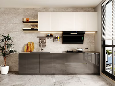 Modern Kitchen Interior With White And Gray Cabinets Marble Countertop Range Hood And Window Blinds 3d model