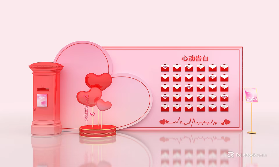 Romantic Photo Spot With Red Mailbox Heart Decorations Confession Board And Envelope Patterns 3d model 