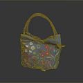Floral Embroidered Blue Handbag with Purple Handles and Colorful Flower Design