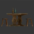 Rustic Wooden Table With Matching Stool And Decorative Glass Bottle 3d model