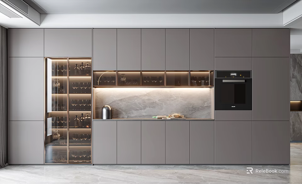 Modern Wine Cabinet With Glass Door Gray Cabinets Marble Countertop LED Lighting And Glass Racks 3d model 