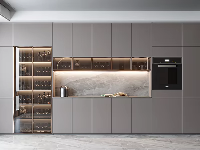 Modern Wine Cabinet With Glass Door Gray Cabinets Marble Countertop LED Lighting And Glass Racks 3d model