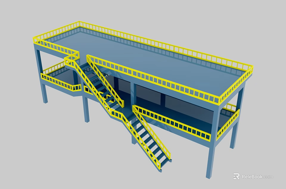 Industrial Steel Platform Structure With Double Deck Yellow Railings Staircase And Blue Columns 3d model 