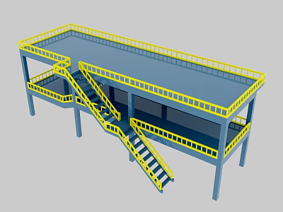 Industrial Steel Platform Structure With Double Deck Yellow Railings Staircase And Blue Columns 3d model