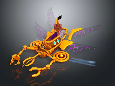 Yellow Mechanical Insect With Purple Glowing Wings Multiple Legs And Small Tower Sci Fi Design 3d model
