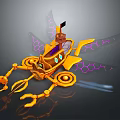 Yellow Mechanical Insect With Purple Glowing Wings Multiple Legs And Small Tower Sci Fi Design