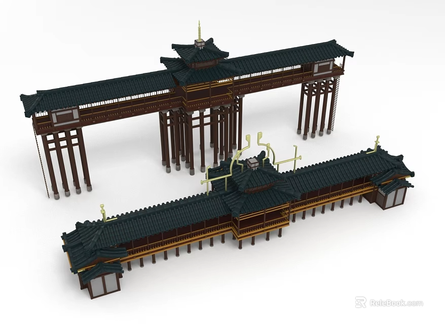 Traditional Chinese Garden Landscape With Pavilions Long Corridors And Black Tiled Overhanging Eaves 3d model 