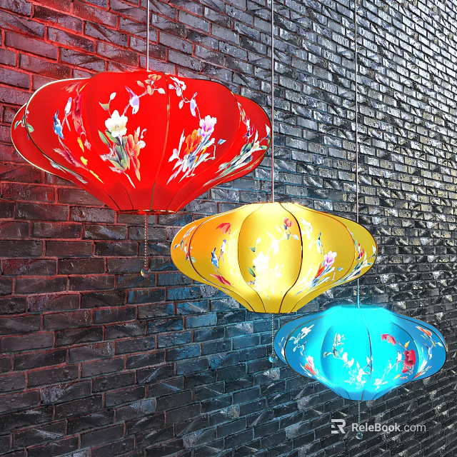 Colorful Red Yellow Blue Lanterns With Floral Patterns Hanging On Black Brick Wall 3d model 