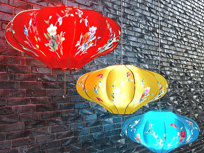 Colorful Red Yellow Blue Lanterns With Floral Patterns Hanging On Black Brick Wall 3d model