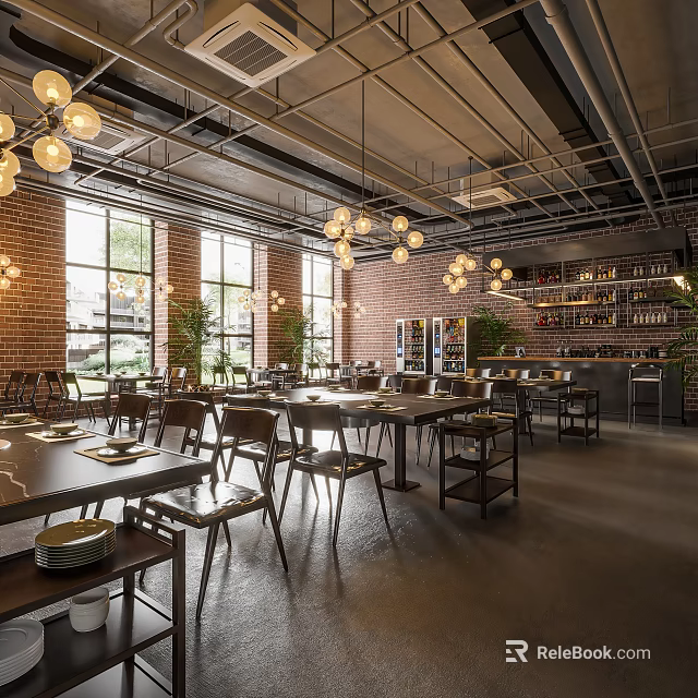 Modern Hotpot Restaurant Interior With Hanging Lights Brick Walls And Comfortable Dining Seats 3d model 
