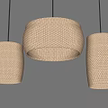Three Modern Woven Beige Pendant Lights With Round And Cylindrical Shades