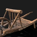 Rustic Antique Wooden Wheelbarrow Featuring Handcrafted Frame And Classic Wheel Structure 3d model