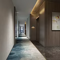 Hotel Corridor Interior Design With Wooden Paneling Blue Carpet And Wall Art