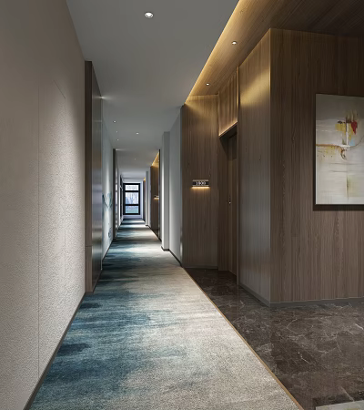 Hotel Corridor Interior Design With Wooden Paneling Blue Carpet And Wall Art 3d model