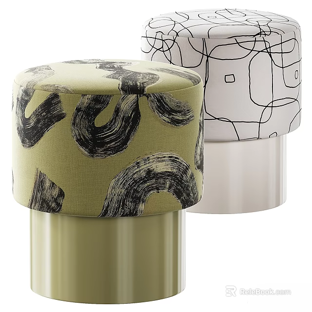 Modern Sofa Stools with Green Abstract Patterns and White Geometric Line Designs 3d model 