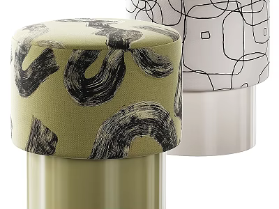 Modern Sofa Stools with Green Abstract Patterns and White Geometric Line Designs 3d model