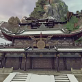 Cartoon Scene Featuring Chinese Ancient Architecture Snowy Mountains Rocky Cliffs and Snow Covered Steps