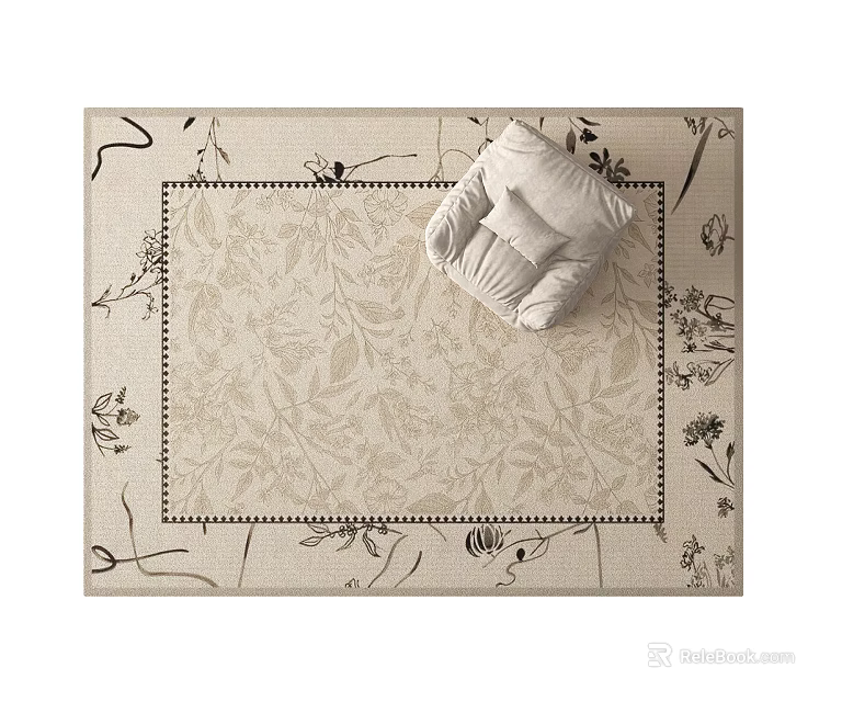 Stylish Square Area Rug With Leaf Pattern And Neutral Floral Border Design 3d model