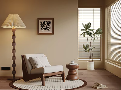 Cozy Living Room With Beige Walls Floor Lamp Armchair Decorative Painting And Potted Plant 3d model