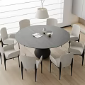 Modern Dining Table Set with Round Gray Tabletop Six Light Colored Chairs and Pendant Light 3d model
