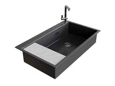 Sleek Modern Kitchen Faucet on Black Sink with Grid Drainer 3d model