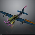 Cartoon Space Aircraft 3D Model With Green Body Blue Wings Pink Propeller and Orange Accents