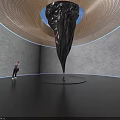 Spiral Art Installation With Black Pointed Structure Red Details And Blue Lighting