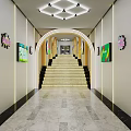 Modern Elevator Corridor With Ceiling Lights Wall Art And Marble Floor