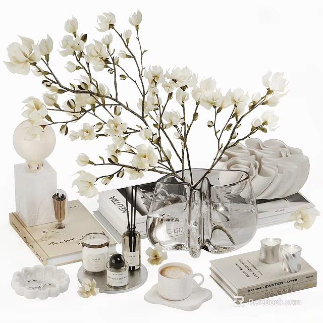 Elegant Tea Set Display with White Magnolia Flowers Glass Vase Books and Coffee Cup 3d model 