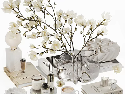 Elegant Tea Set Display with White Magnolia Flowers Glass Vase Books and Coffee Cup 3d model