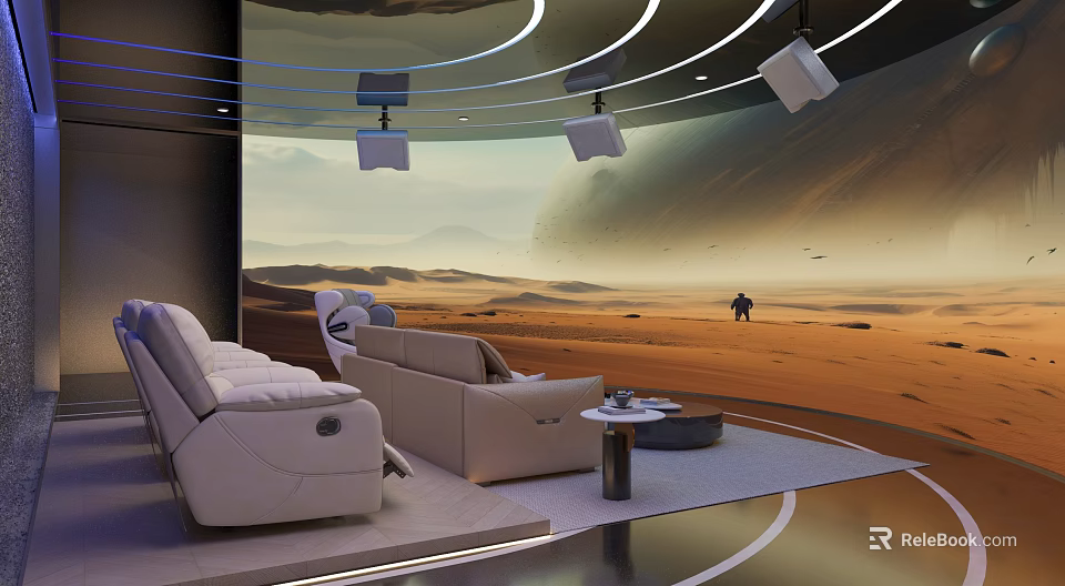 Luxury Home Theater Room Interior With Large Projection Screen Comfortable Recliner Sofas And Surround Sound Speakers 3d model 