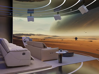Luxury Home Theater Room Interior With Large Projection Screen Comfortable Recliner Sofas And Surround Sound Speakers 3d model