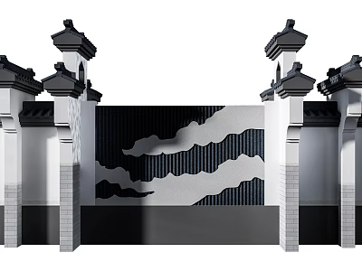 Traditional Chinese Style Building Exterior Wall With Black And White Cloud Pattern And Eaves 3d model