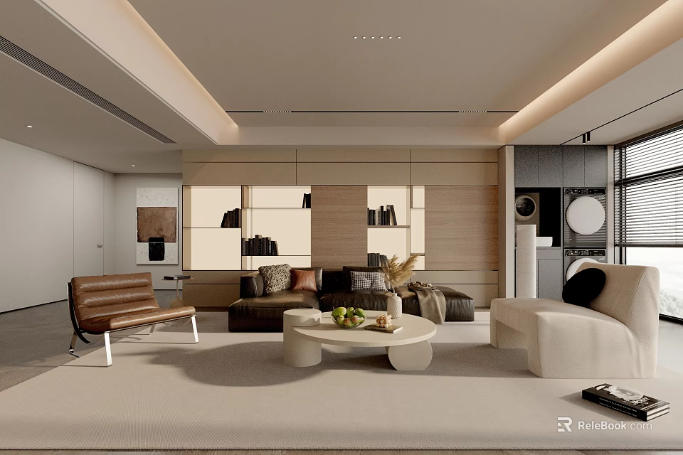 Modern Living Room Interior With Beige Sofa Wooden Bookshelf And Round Coffee Table 3d model 