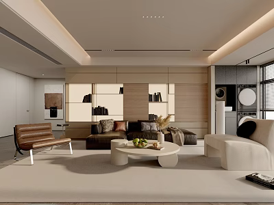 Modern Living Room Interior With Beige Sofa Wooden Bookshelf And Round Coffee Table 3d model