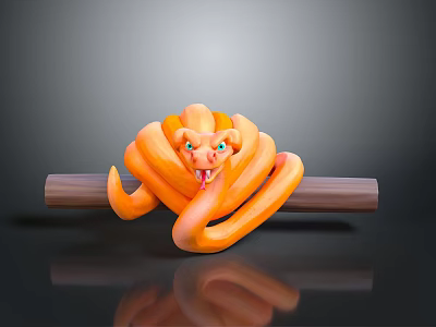 Orange Coiled Reptile Snake on Wooden Pole with Green Eyes and Flicking Tongue 3d model