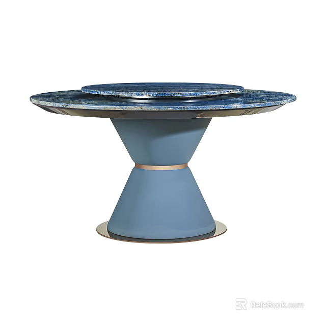 Modern Round Dining Table With Blue Marble Top Conical Base And Gold Accent 3d model