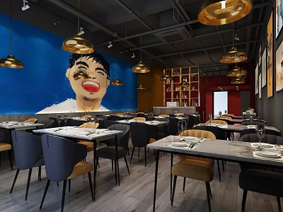 Modern Hotpot Restaurant Interior With Blue Wall Large Portrait Golden Pendant Lights And Dining Tables 3d model