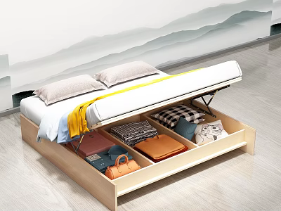 Simple Design Storage Bed With Underbed Drawers Storing Clothes Bags And Mountain Painting Wall 3d model