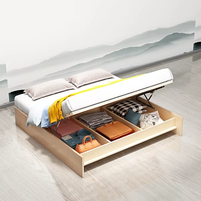 Simple Design Storage Bed With Underbed Drawers Storing Clothes Bags And Mountain Painting Wall 3d model