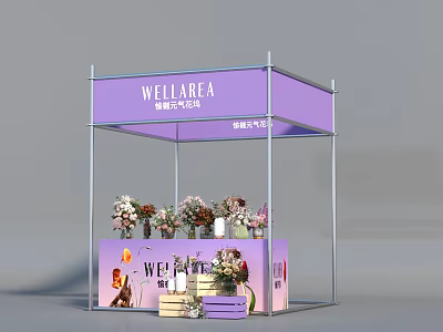 Floral Decoration For Wellarea Booth With Purple Canopy Metal Frame And Flower Arrangements 3d model