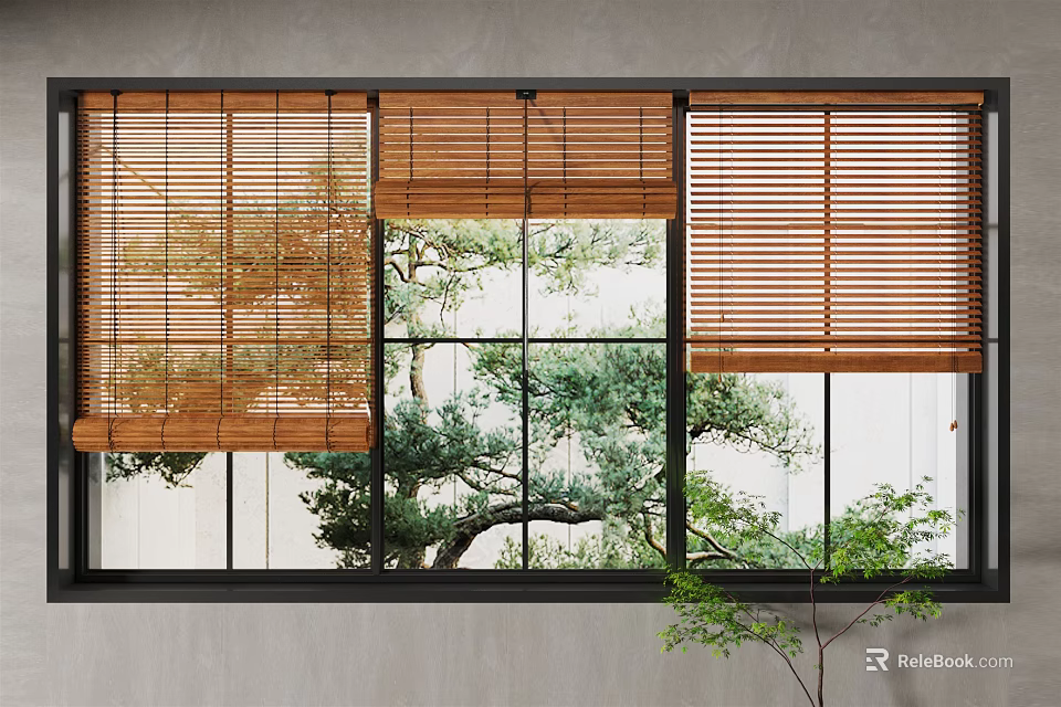 Modern Window Interior Design With Bamboo Blinds And Natural Tree View 3d model 