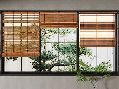 Modern Window Interior Design With Bamboo Blinds And Natural Tree View 3d model