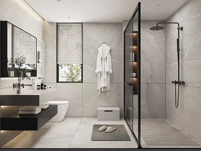 Modern Bathroom Interior With Vanity Toilet Bathrobe Glass Shower And Rug 3d model
