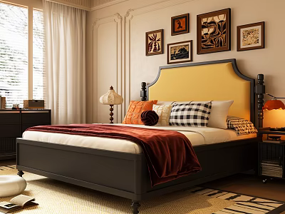 Double Bed with Yellow Upholstered Headboard Black Frame Red Blanket Pillows Nightstand Table Lamp Wall Art 3d model